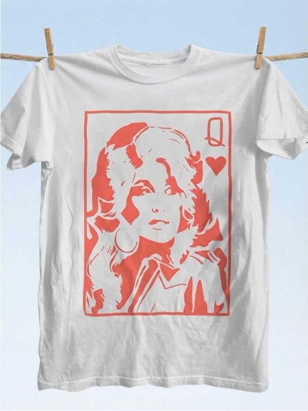 Vintage White Dolly Parton with Coral Queen of Hearts Graphic